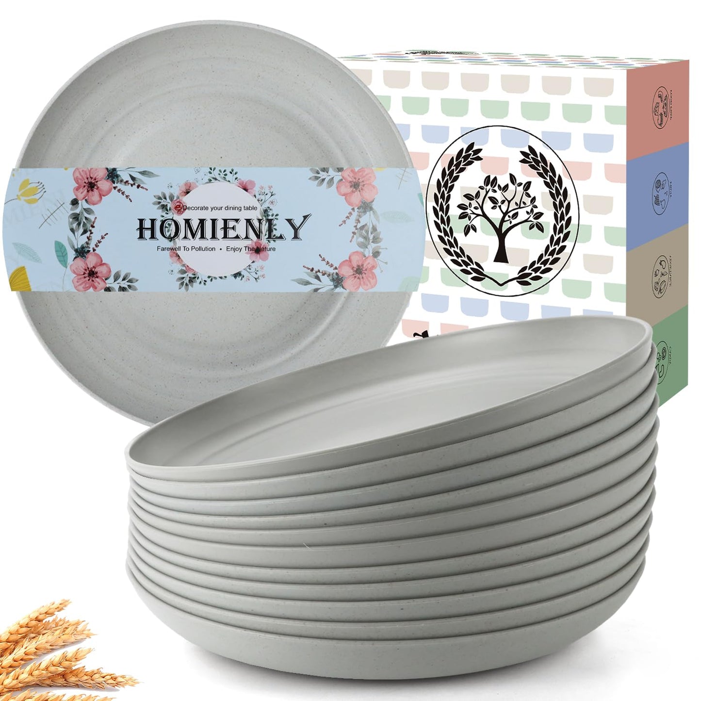 Homienly Deep Dinnerware Set of 12 - Alternative to Plastic, Microwave & Dishwasher Safe Wheat Straw Plates for Kitchen - Unbreakable Kids Plates (Grey, 10 inch)
