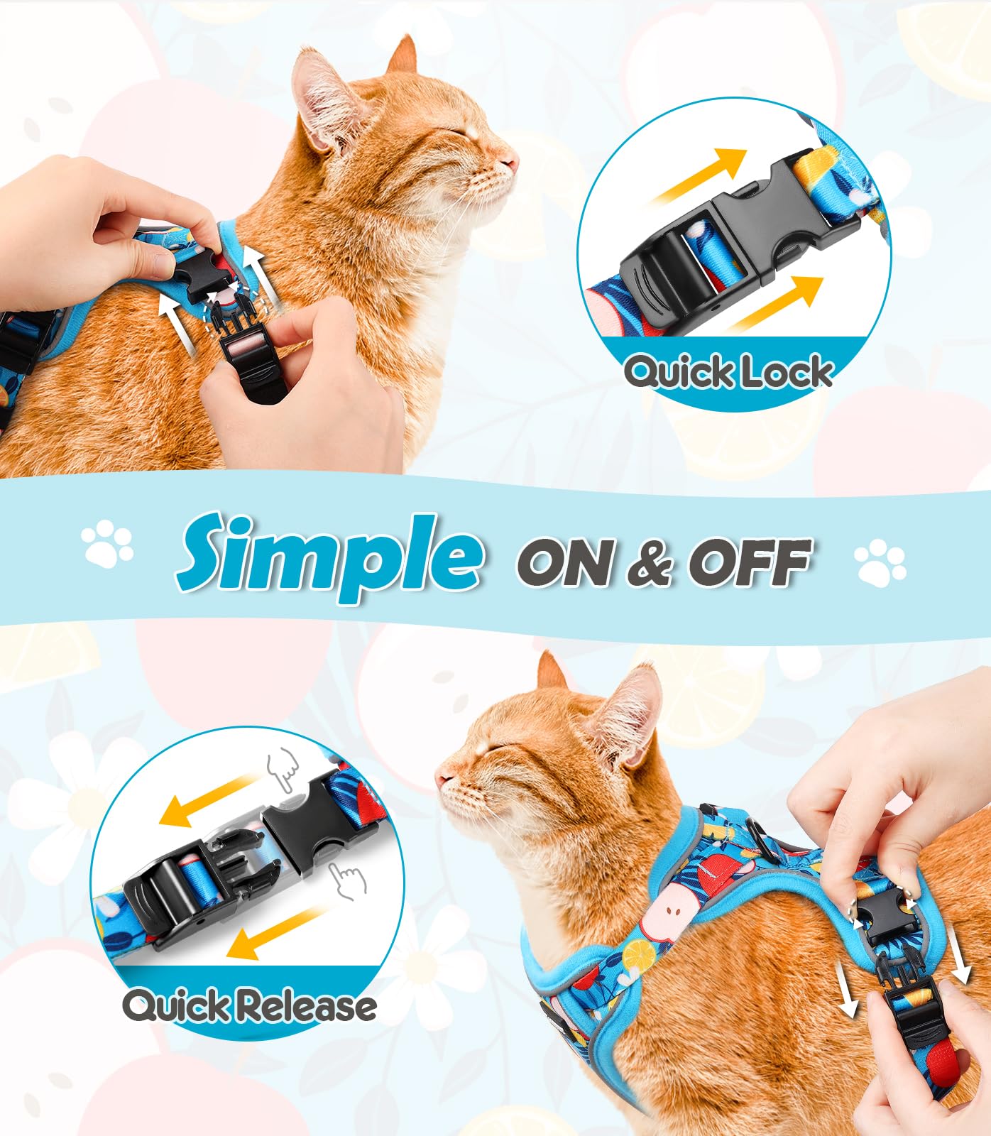 Halypet Cat Harness and Leash Set[MAX Safety 4th-Gen] Cute Escape Proof Vest Harness for Girl&Boy Cat Walking, Comfortable Adjustable Leash and Reflective Strips for Outdoor Kitten, S Azure Floral