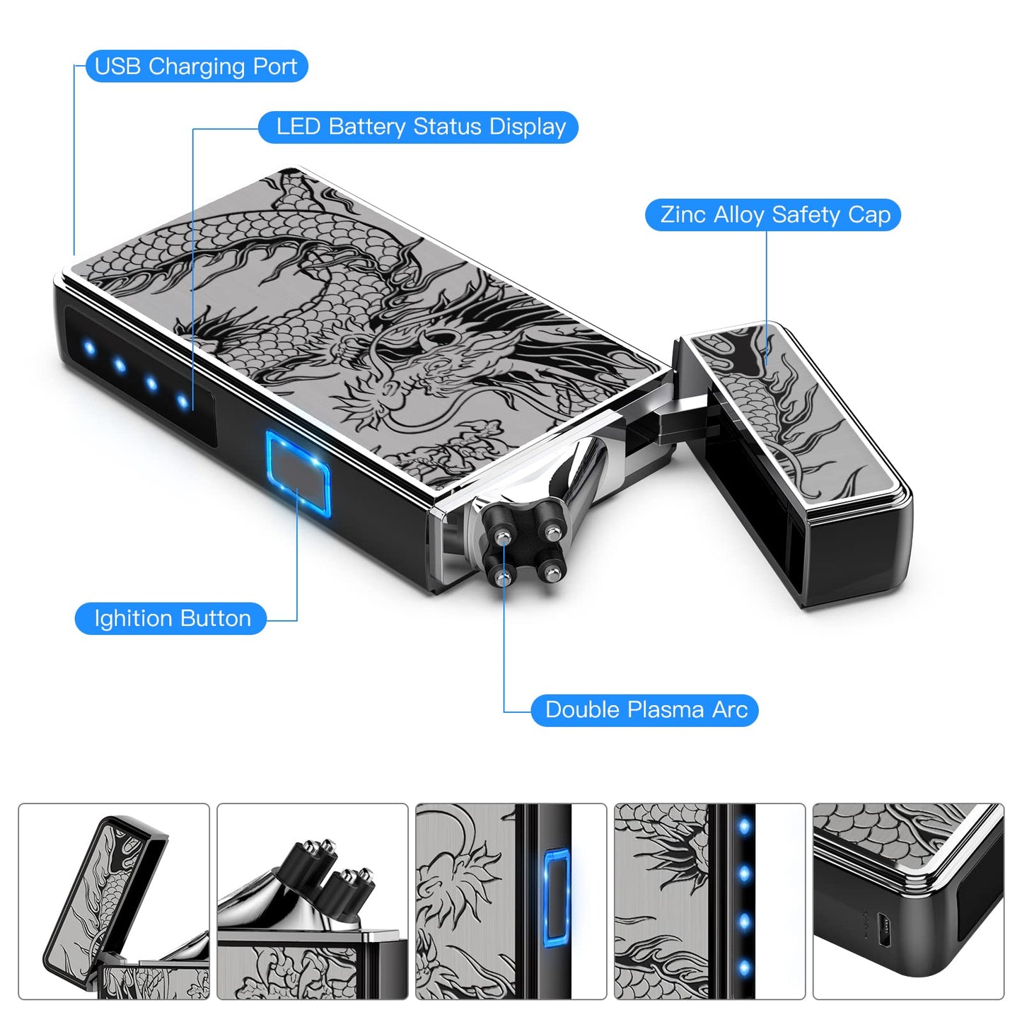 Electric Lighter, USB Rechargeable Plasma Arc Windproof Flameless Electronic Butane Free Mini Lighter for Candles, Fireworks, Outdoor Camping Activities (Black Dragon)
