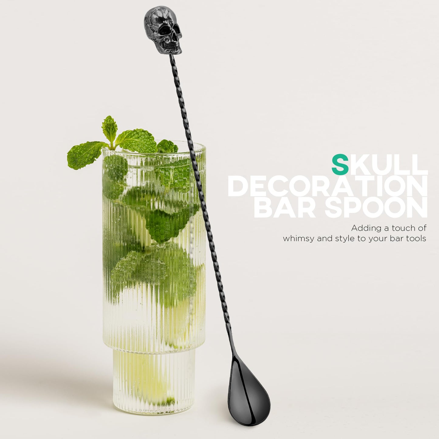 Homestia 12-Inch Skull Bar Spoon, 304 Stainless Steel Cocktail Spoon for Layering Long Spiral Handle Mixing Spoon Stirrers for Drink Black