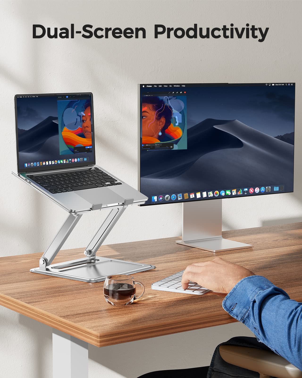 LORYERGO Laptop Stand for Desk, Adjustable & Foldable Laptop Riser for 10-15.6 Inch Laptops, Computer Stand for MacBook/Notebook, Portable Ergonomic Holder Up to 17.6lbs - Silver