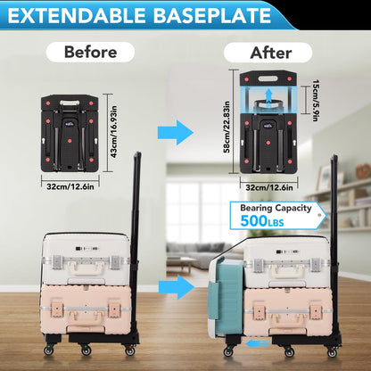 GtIiFmTe Folding Hand Truck Dolly for Moving,500LB Heavy DutyPortable Luggage Cart6 Wheels with 2 Brake,Extendable Utility Dolly Platform Cart with 3 Bungee Cords (Black)