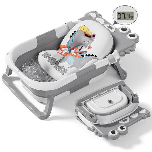 Collapsible Baby Bathtub for Newborn, Foldable Baby Bath Tub with Thermometer & Soft Floating Cushion & Drain Hole, Portable Travel Infant Bath Tubs for Newborns to Toddlers 0-36 Months Boys, Grey