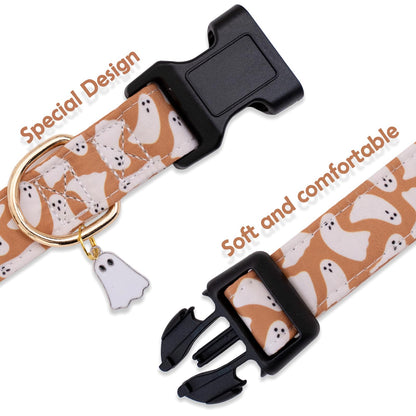 Faygarsle Fall Dog Collar - Adorable Ghost Pattern Halloween Collar for Small to Large Dogs - Cute Orange Neckwear for Boys & Girls