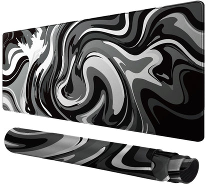 Large Gaming Mouse Pad - Black and White Mouse Pad with Stitched Edges, Extended XL Mousepad with Anti-Slip Rubber Base, Ink Liquid Wave Desk Mat for Keyboard and Mouse(31.5x15.8 inch)