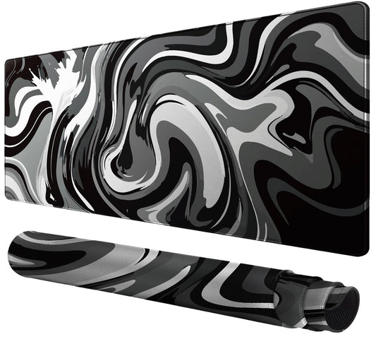 Large Gaming Mouse Pad - Black and White Mouse Pad with Stitched Edges, Extended XL Mousepad with Anti-Slip Rubber Base, Ink Liquid Wave Desk Mat for Keyboard and Mouse(31.5x15.8 inch)