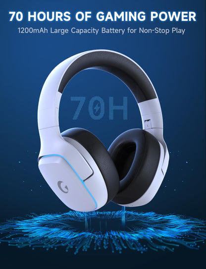 Gvyugke 2.4GHz Wireless Gaming Headsets for PS5, PS4, PC, Switch - Bluetooth 5.3 Gaming Headphones with Noise Canceling Mic, 7.1 Surround Sound, 70H Battery, Blue Lighting - White