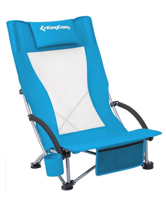 KingCamp High Back Beach Chairs for Adults, Folding Beach Chair with Cup Holder Carry Bag and Mesh Back, Blue Camping Chair for Travel Lawn Outdoor Festival