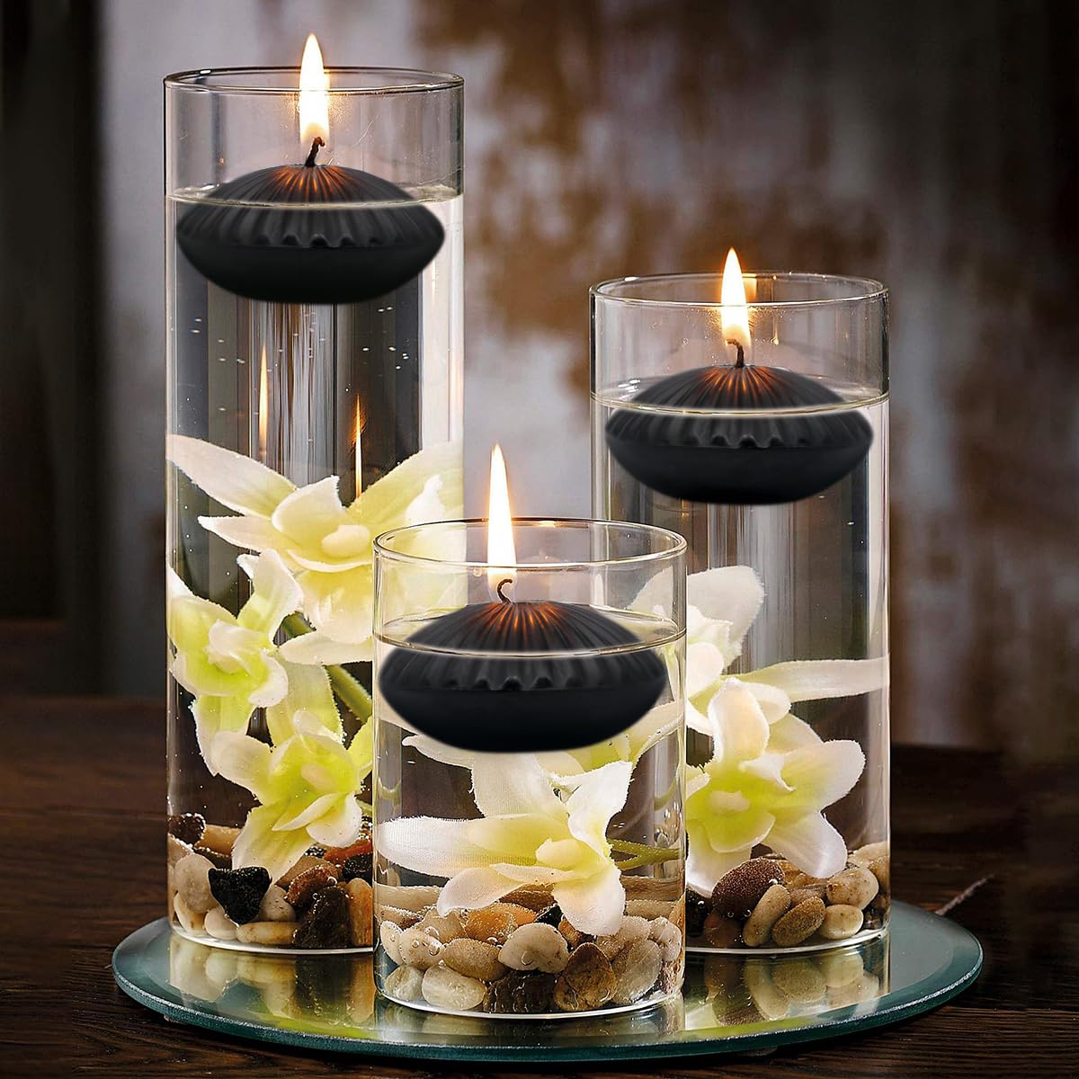 12 Pack 3 Inch Black Floating Candles, 10 Hour Unscented Dripless Tealight Candles for Cylinder Vases, Centerpieces at Wedding Party Halloween - Wavy Float Candle