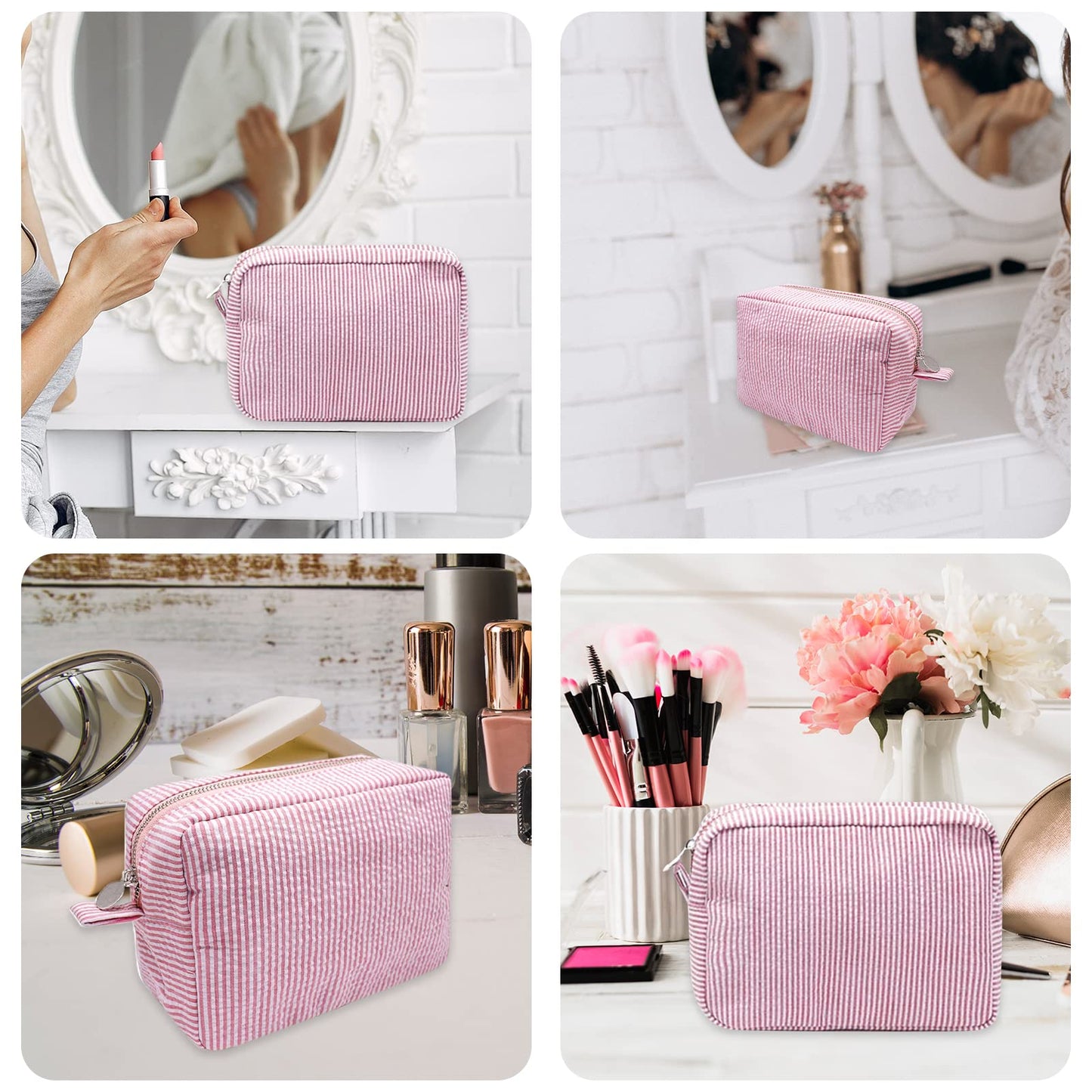 GFU Cosmetic Bag for Women, Large Makeup Bag, Travel Toiletry Stripe Cosmetic Bag, Seersucker Women Aesthetic Organizer Storage Pouch, Girls Handbags Purses (Pink)