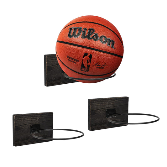 GENMOUS Set of 3 Wood Basketball Holder Wall Mount Display for Boys Room Decor, Black Ball Rack Display Stand for Basketball Football Volleyball Storage, Basketball Rack Sports Decor for Boys Bedroom