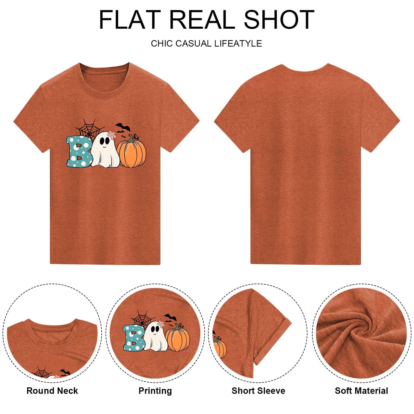 Funny Halloween Shirts for Women Cute Boo Ghost Cobweb Pumpkin Graphic Tee Shirt