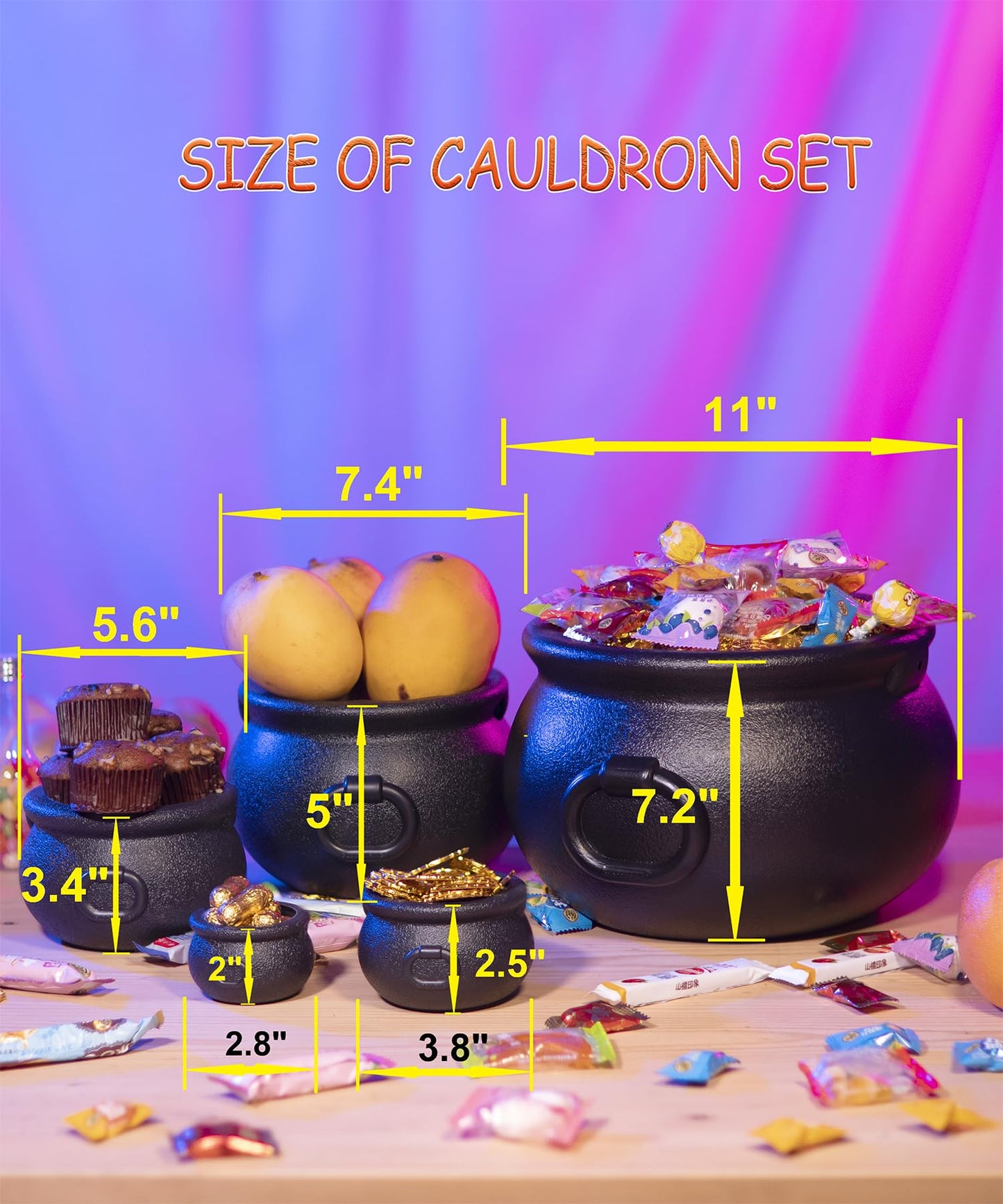 GLOCAMPING 5 in 1(11",7.4”, 5.5”, 3.7”, 2.8”) Package Large Black Plastic Witch Cauldron Kettle, Candy Holder, Party Favor Decoration for St. Patrick’s Day & Halloween