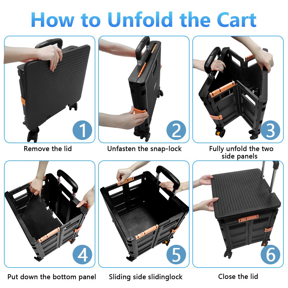 FELICON SELORSS Foldable Utility Cart Folding Portable Rolling Crate Handcart with Durable Heavy Duty Plastic Telescoping Handle Collapsible 4 Rotate Wheels for Travel Shop Move Luggage Office(Black)