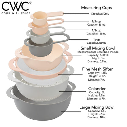 COOK WITH COLOR Nesting Bowls with Measuring Cups Colander and Sifter Set - Includes Mixing Bowls, Colander, Sifter and Measuring Cups, Pink, 8 Pc Bowl