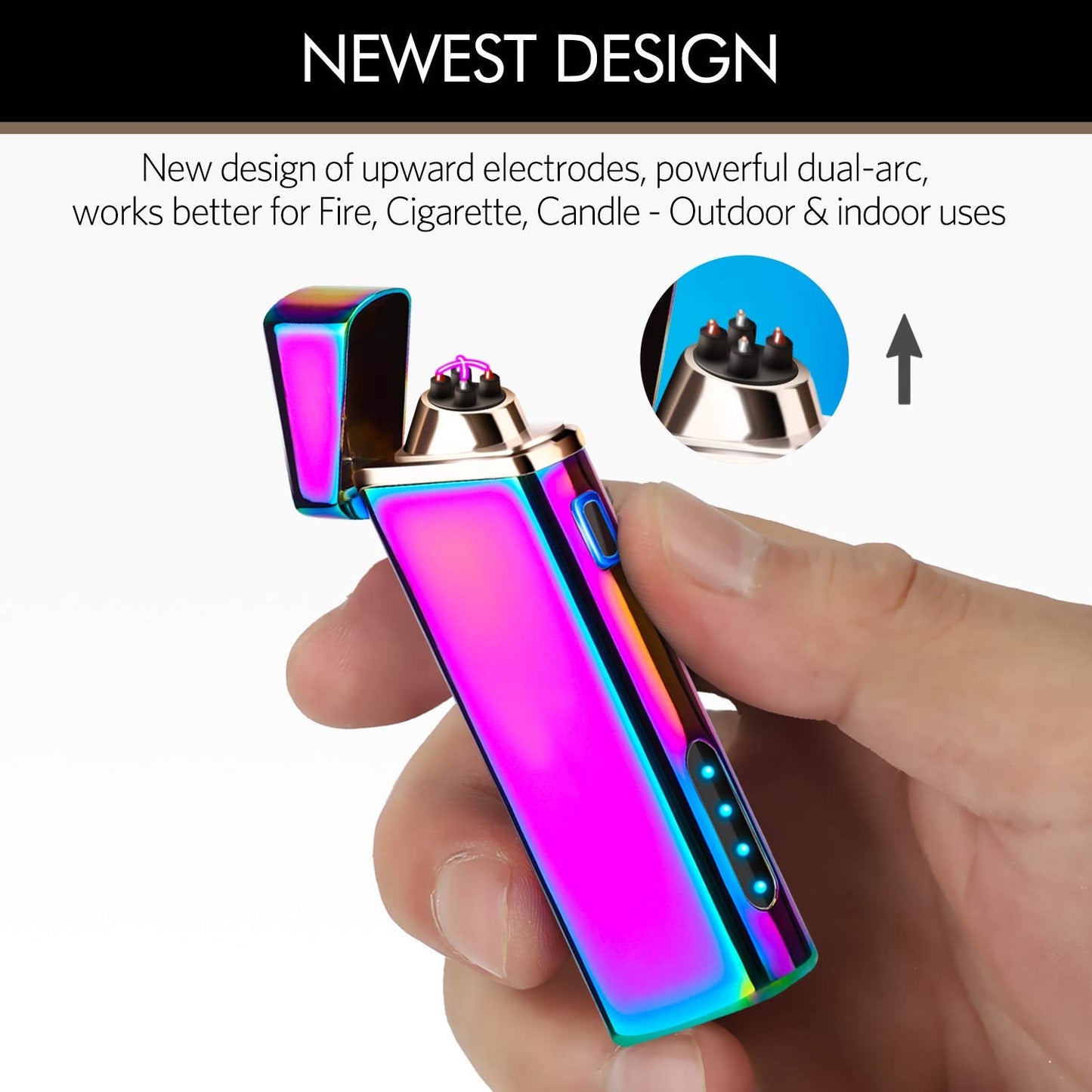 Electric Arc Windproof Plasma Lighter - USB Rechargeable, Upgraded Battery Indicator - Multichrome