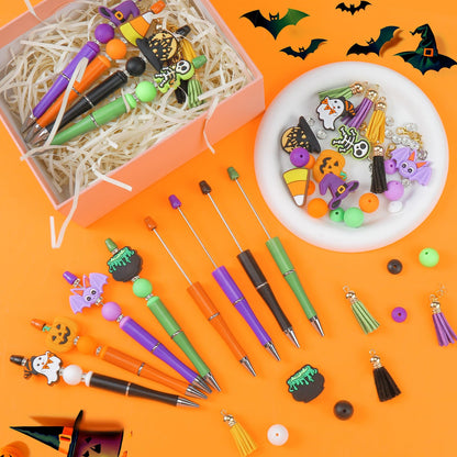 CZWZ Halloween Beadable Pens, Plastic Beadable Pens with 8 Pcs Multicolor Silicone Beads, Halloween Pumpkin Bat Skull Ghost Witch Hat Pens for Halloween Gifts Office Supplies