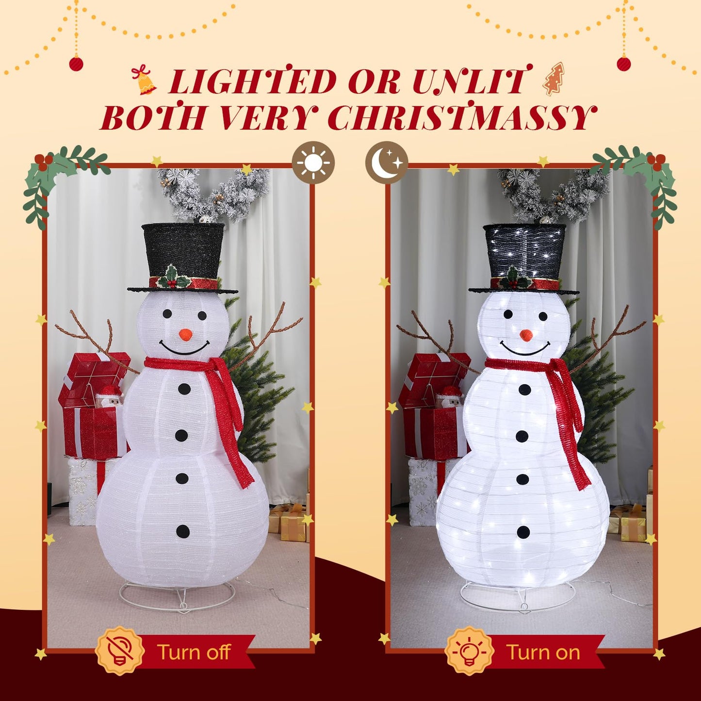 VINGLI Snowman Outdoor Christmas Decorations with 90 LED Lights, Lighted Snowman with Top Hat Holiday Ornaments Yard Decor for Home, Lawn and Front Yard-4 FT