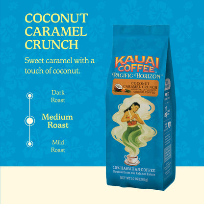 Kauai Coffee Ground Coffee – Smooth, Rich, Medium Roast – Nutty Caramel and Tropical Coconut – Arabica Coffee, 10% Hawaiian with No Bitterness – Coconut Caramel Crunch, 1 Pack of 10oz