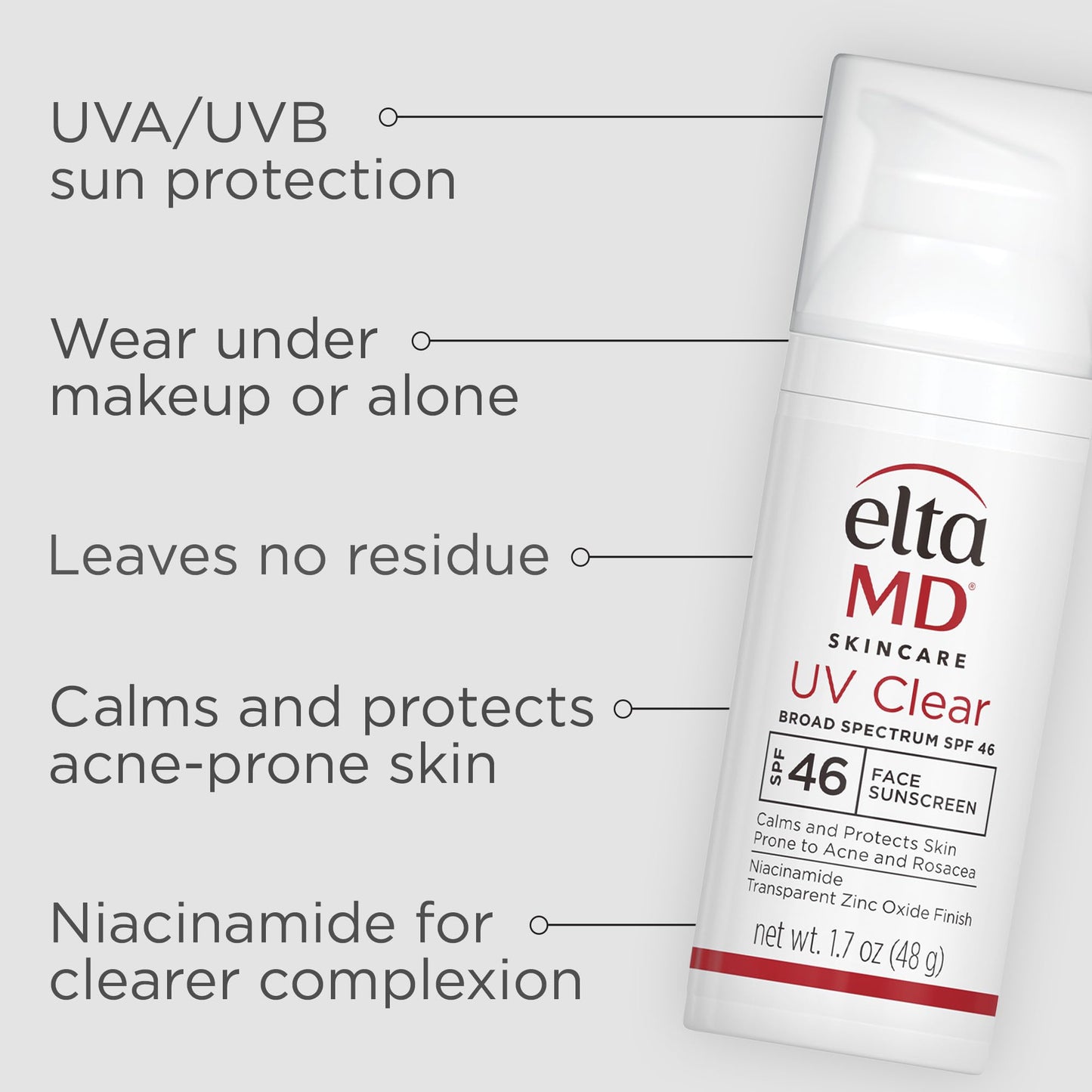 EltaMD UV Clear Face Sunscreen SPF 46, Oil Free for Face with Zinc Oxide, Dermatologist Recommended Sunscreen Lotion, For Acne-Prone Sensitive Skin, 1.7 oz Pump