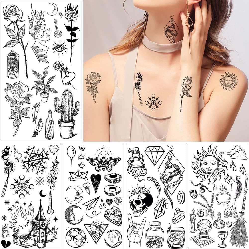 GLARYYEARS 150+ Pattern Black Tiny Temporary Tattoo, Hands Face Halloween Tattoo Sticker for Men Women, Flower Space Moon Snake Designs Body Art on Arm Neck Shoulder Clavicle Waterproof