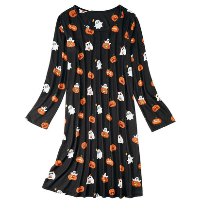 Halloween Night Shirts for Women Goth Sleep Shirt Skeleton Sleepwear Pumpkin Print Night Gown Ladies Gothic Night Dress Long Sleeve Nightgown Pumpkin 01 L