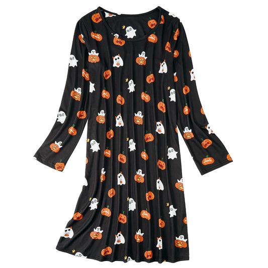 Halloween Night Shirts for Women Goth Sleep Shirt Skeleton Sleepwear Pumpkin Print Night Gown Ladies Gothic Night Dress Long Sleeve Nightgown Pumpkin 01 L