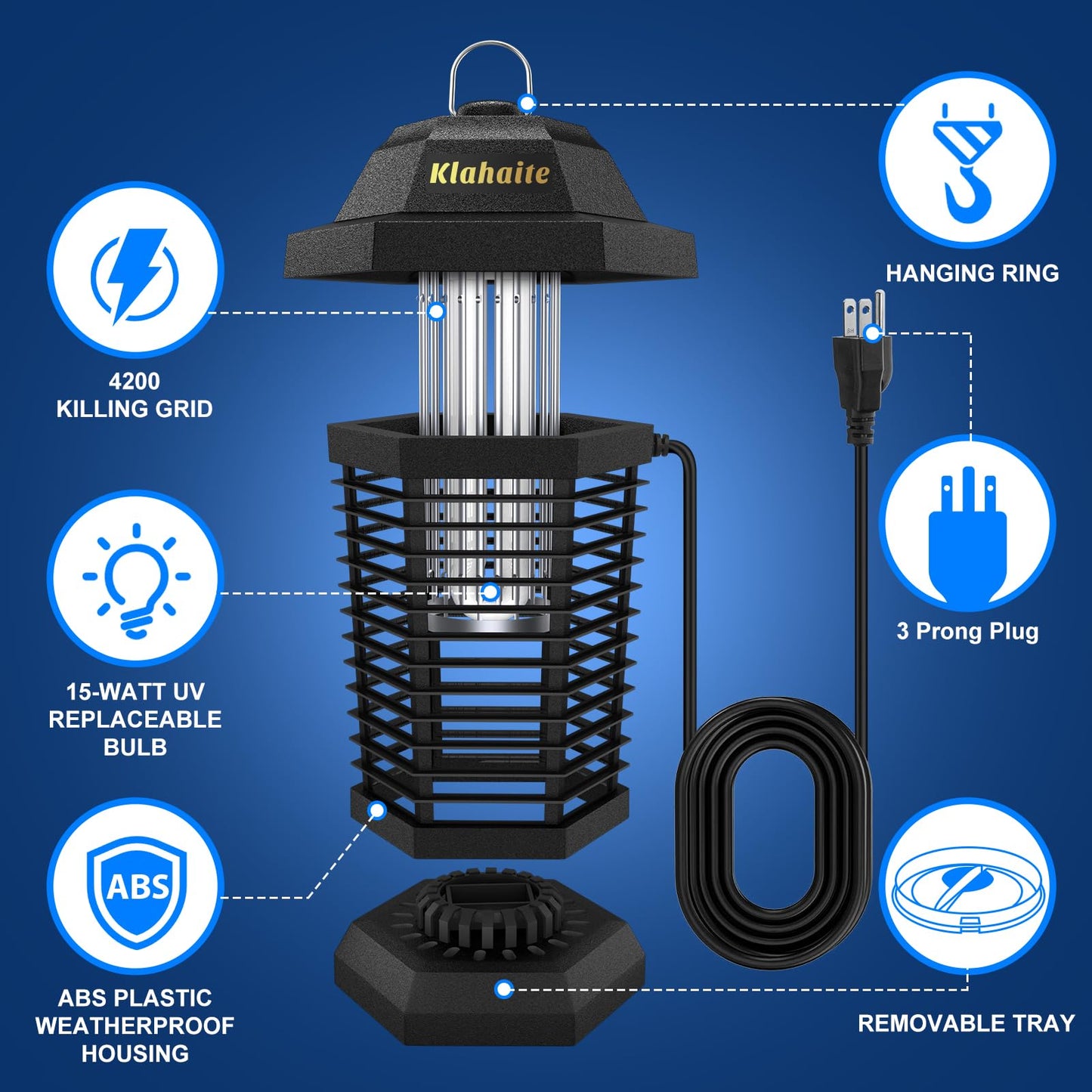 Klahaite Bug Zapper Outdoor, Mosquito Zapper, Fly Traps Fly Zapper,Mosquito Repellent Outdoor Patio and Backyard Covers 1/2 Acre, 4200V Powerful Grid, ABS Fireproof Plastic Outer
