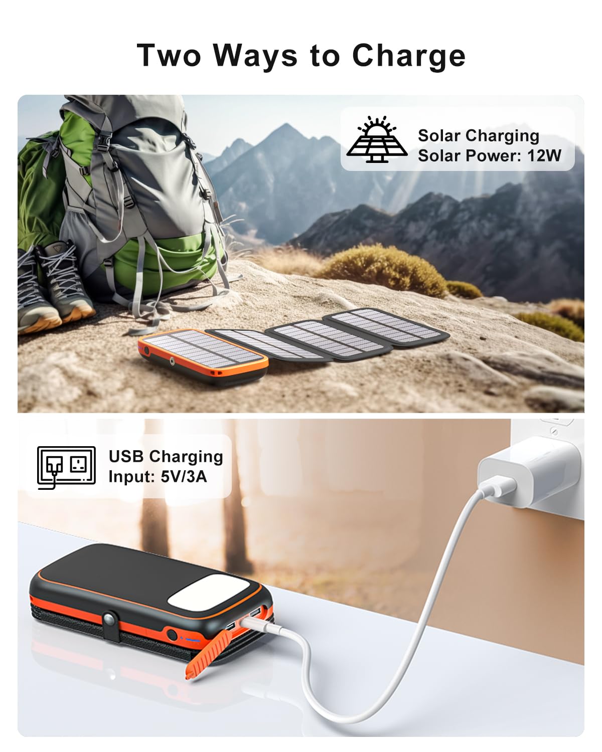 CONXWAN Solar Charger Power Bank – 27000mAh USB C Solar Phone Charger with 3 USB Outputs with 4 Foldable Solar Panels Battery Pack Charger Compatible with Most Smart Phone