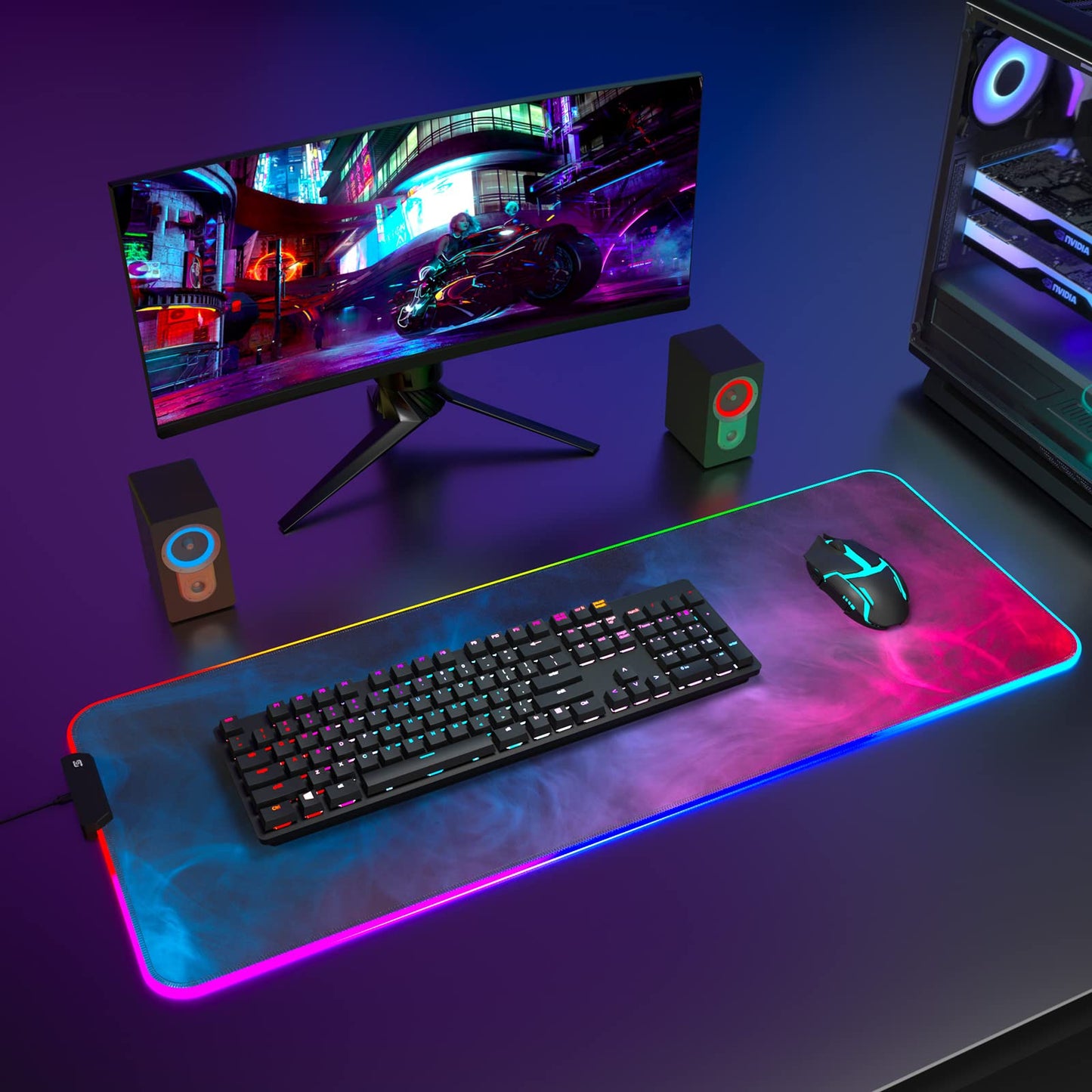ITNRSIIET RGB Gaming Mouse Pad, Full Desk XL Extended Large Gaming Mousepad, 12 Lighting Modes, 30% Thicker, Big LED Desk Mat for Keyboard Computer Men Gamers Esports Pros, 32" x 12", Colorful Smoke