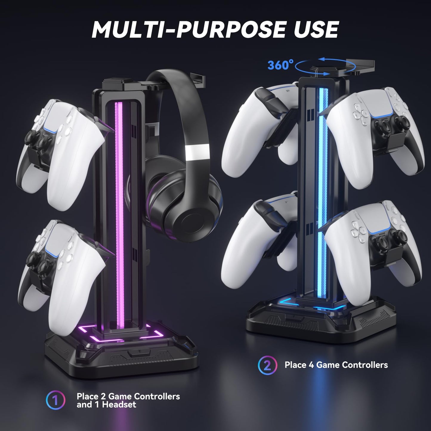 KDD RGB Headset Stand with 9 Light Modes - Controller Holder for Desk - Rotatable Headphone Stand & Detachable Controller Hook for PC Earphone Accessories(Black)