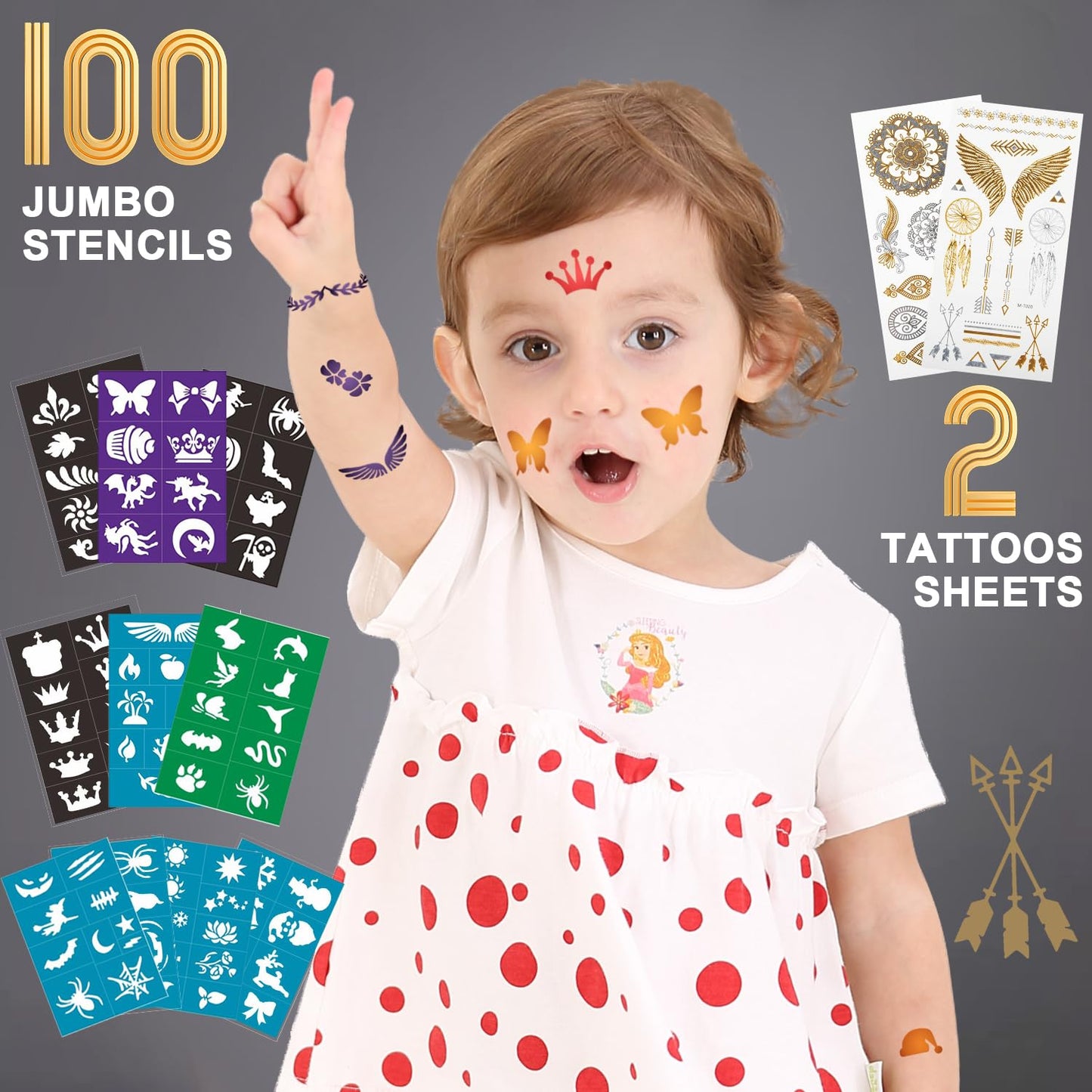 Face Painting Kit for Kids 20 Water Based Non-Toxic Sensitive Skin Paints 100 Stencils 3 Glitters 2 Hair Chalks Combs 2 Tattoos Sheets Face Painting Book Safe Professional Face Paint Kit For Kids