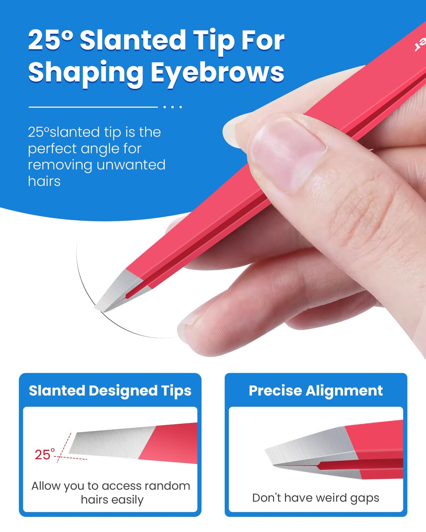 Expert Eyebrow Hair Removal Tweezer with Leather Case, GlamTweeler High Precision Slant Tip Stainless Steel Tweezers for Men and Women (Hot Pink)