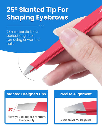 Expert Eyebrow Hair Removal Tweezer with Leather Case, GlamTweeler High Precision Slant Tip Stainless Steel Tweezers for Men and Women (Hot Pink)