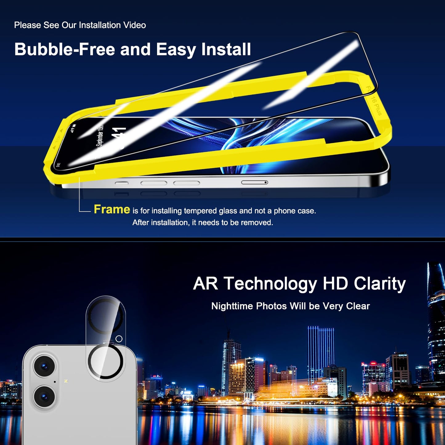 QHOHQ for iPhone 16 Pro Screen Protector with Camera Lens Protector, [Military Grade Shatterproof], Top 9H+ Tempered Glass, Full Edge Coverage, Ultra Durable, with Easy Installation Tool [3+3 Pack]