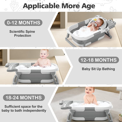 Collapsible Baby Bathtub for Newborn, Foldable Baby Bath Tub with Thermometer & Soft Floating Cushion & Drain Hole, Portable Travel Infant Bath Tubs for Newborns to Toddlers 0-36 Months Boys, Grey