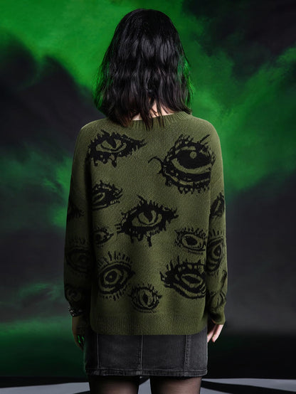 Floerns Women's Goth Grunge Punk Halloween Christmas Graphic Print Long Sleeve Drop Shoulder Sweaters Pullover Tops Army Green