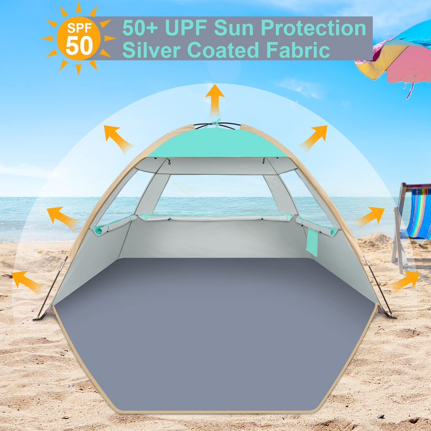 Gorich Beach Shade Tent for 3 Person with UPF 50+ UV Protection, Portable Sun Shelter Canopy, Lightweight & Easy Setup Cabana Beach Tent
