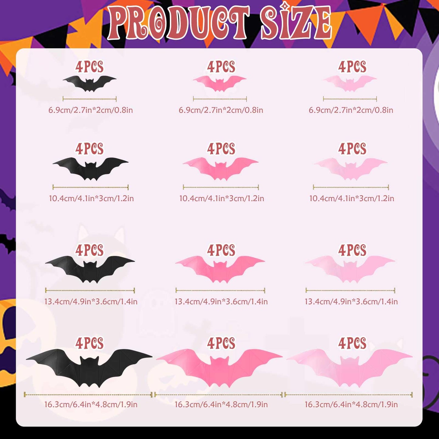 3D Halloween Wall Bats Decor - 48 Pink PVC Bats Stickers & Decals for Home, Indoor Spooky Theme