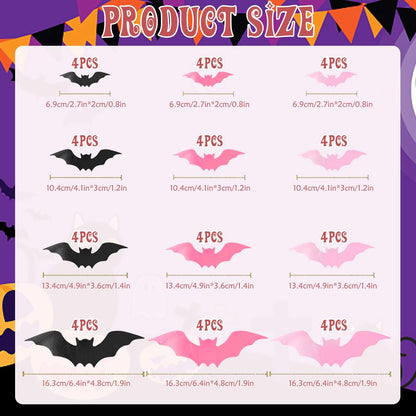 3D Halloween Wall Bats Decor - 48 Pink PVC Bats Stickers & Decals for Home, Indoor Spooky Theme