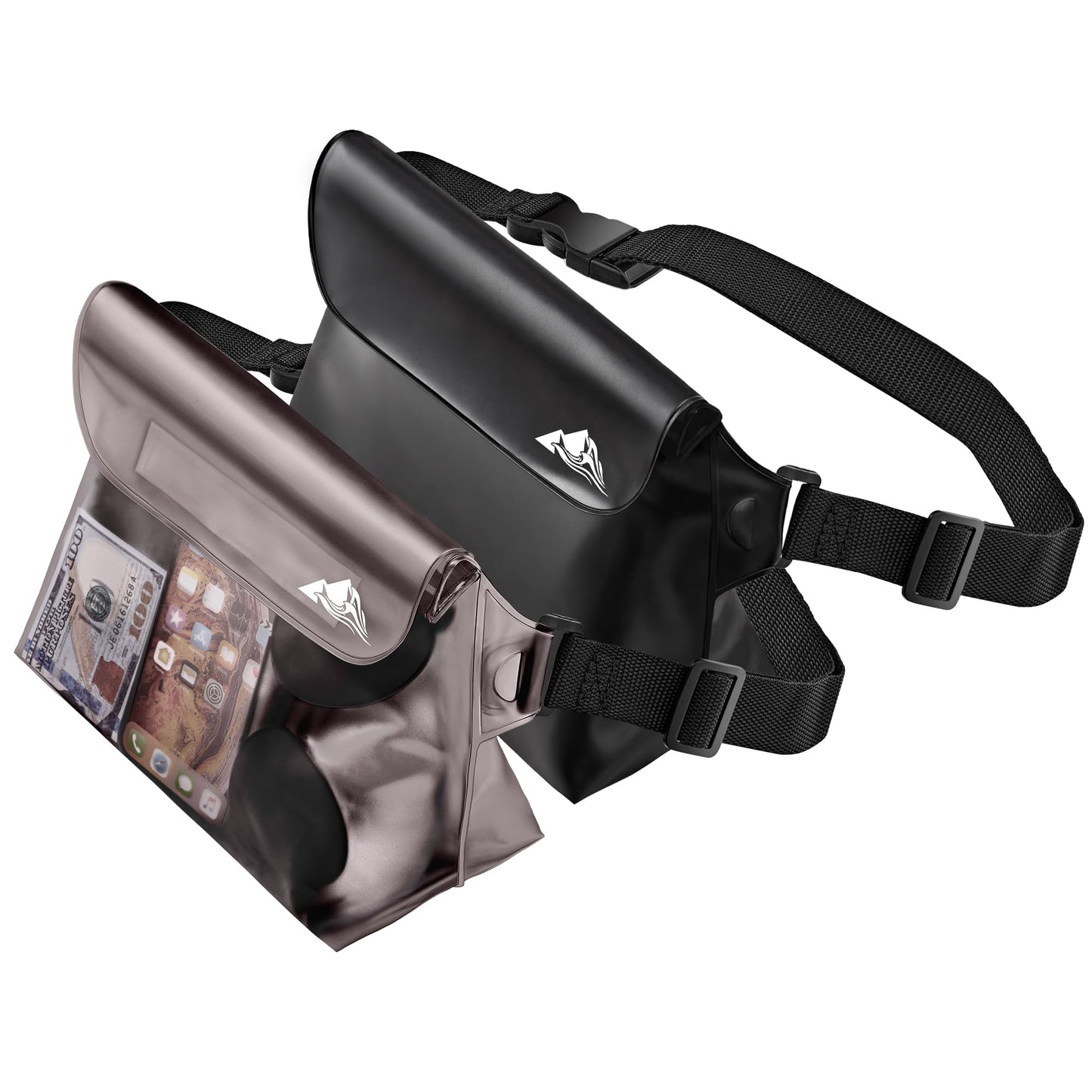 HEETA 2-Pack Waterproof Pouch with Waist Strap, Screen Touchable Dry Bag with Adjustable Belt for Phone Valuables for Kayaking Swimming Snorkeling Boating Fishing Surfing Beach (Black & Grey)
