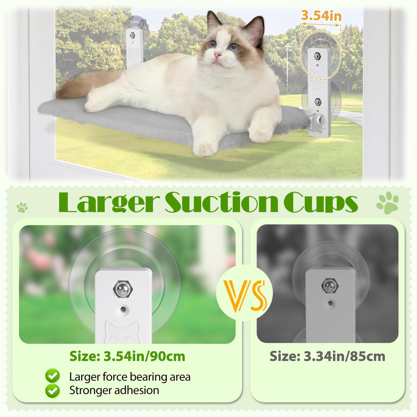 keny Cordless Cat Window Perch, Foldable Cat Window Hammock with 4 Suction Cups, Reversible Cover with Two Different Kinds of Fabrics, 40Lbs Load Capacity Sturdy Cat Window Bed for Cats Inside, Grey