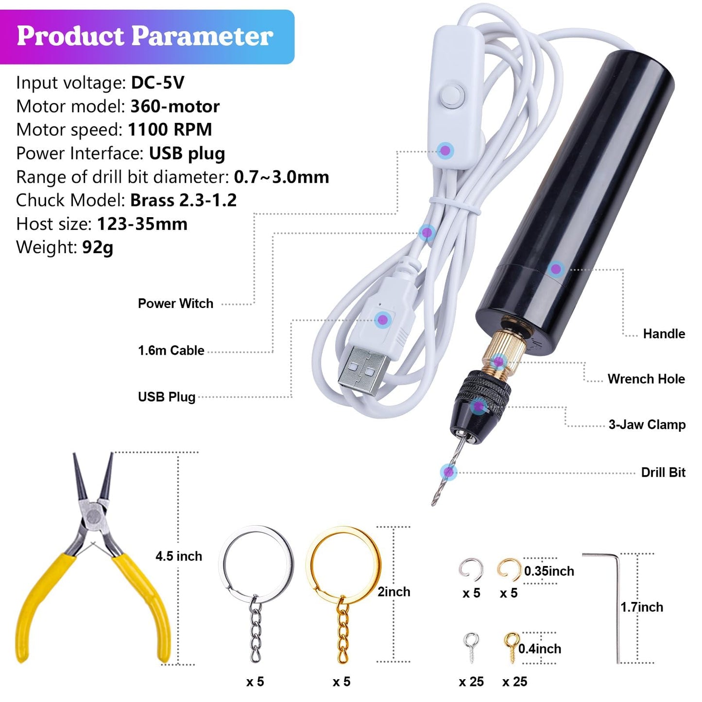 LET'S RESIN Electric Resin Drill, 74Pcs Hand Drill Supplies with 3-Jaw Clamp-Applicable to A Larger Drilling Range (0-3mm), Grip Nose Pliers, Keychain Making Kit, Tools for Resin Art