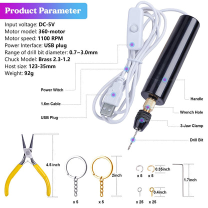LET'S RESIN Electric Resin Drill, 74Pcs Hand Drill Supplies with 3-Jaw Clamp-Applicable to A Larger Drilling Range (0-3mm), Grip Nose Pliers, Keychain Making Kit, Tools for Resin Art