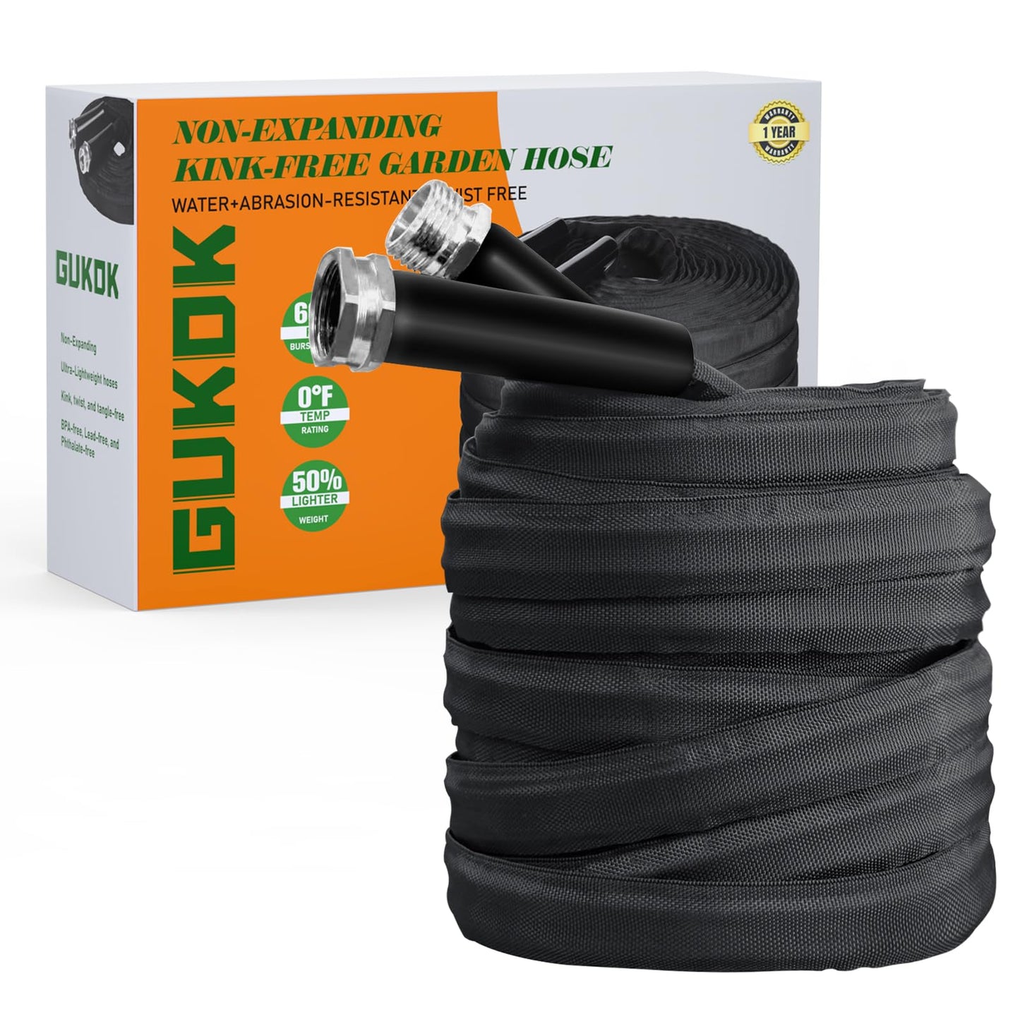 GUKOK Non-Expanding Garden Hose, Ultra Lightweight, Abrasion Resistant, Durable, Kink-Free Garden Hose, RV, Marine and Camper Hose, 100-Feet x 1/2"