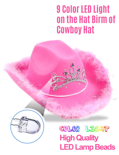 JICASTO Cowboy Hat Pink Cowgirl Hat with Color LED Light Tiara Crown for Girls Rodeo Party Hats with Heart Glasses