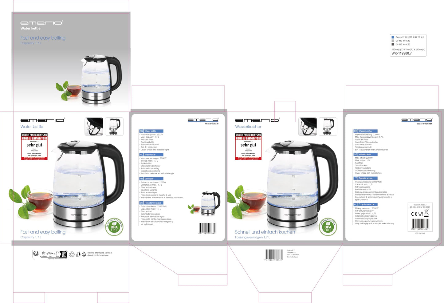 EMERIO Glass Kettle with 1.7 Litre Volume | 2200 Watt | Blue LED Interior Lighting | 360° Base | Winner Price/Performance Home & Garden Test | Best Borosilicate Glass | BPA Free | WK-119988.7