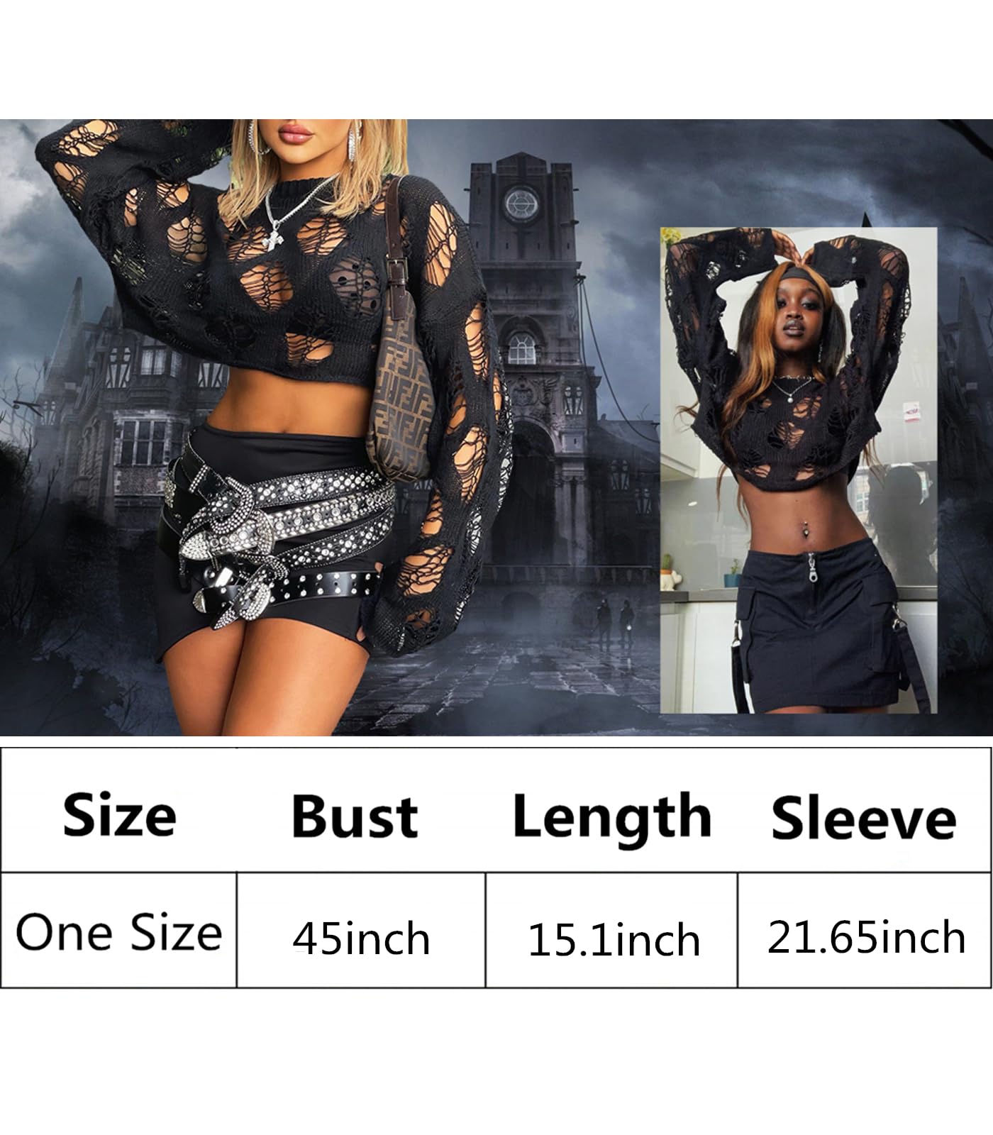Gothic Crop Tops for Women Hollow Out Fishnet Grunge Clothes Y2k Punk Top Long Sleeve Black Knit Ripped Sweater
