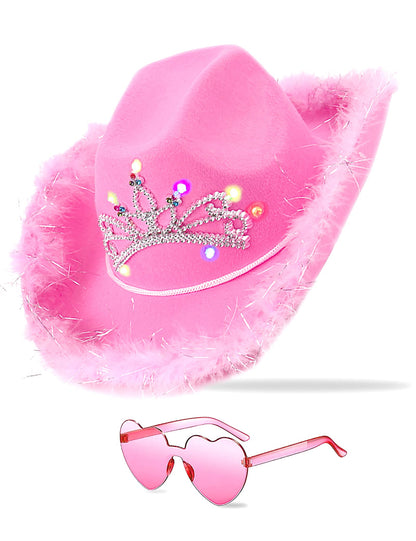 JICASTO Cowboy Hat Pink Cowgirl Hat with Color LED Light Tiara Crown for Girls Rodeo Party Hats with Heart Glasses