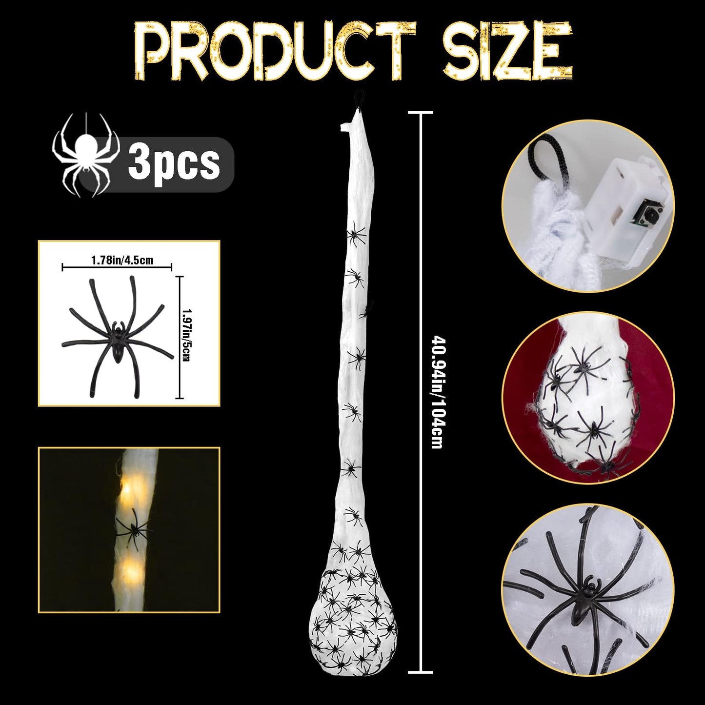 3pcs Halloween Spider Egg Sacs - 41 Inch Spider Egg Decoration with LED Lights for Yard, Lawn, Tree, Party, Indoor, Outdoor